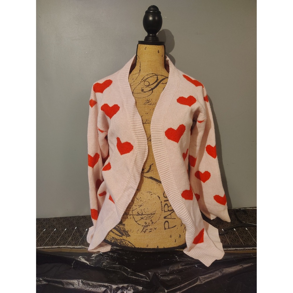 Pink Heart Print Open Front Cardigan Sweater Red Hearts Knit Medium